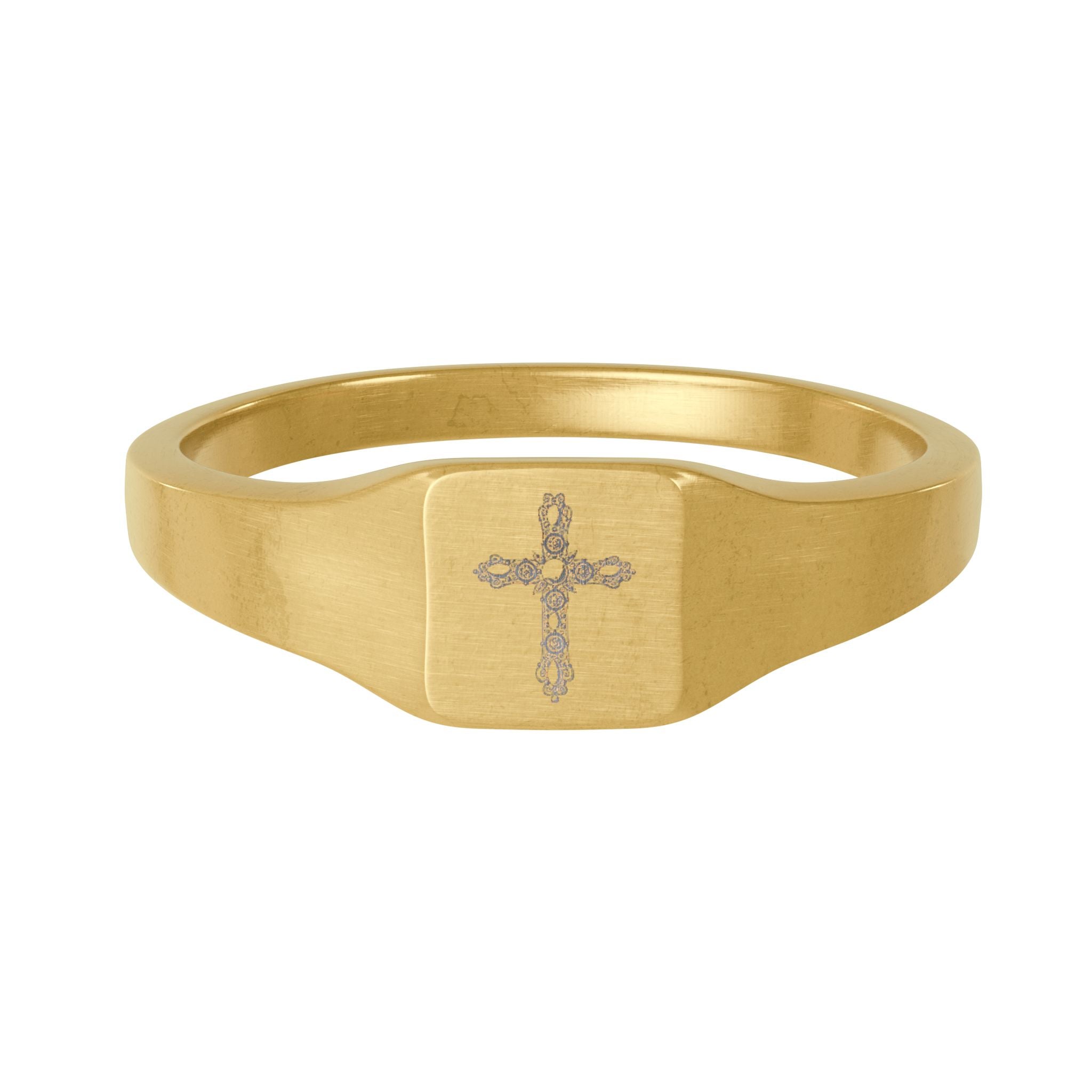 Gold Stainless Steel Square Signet Ring — Engraved Cross Accent