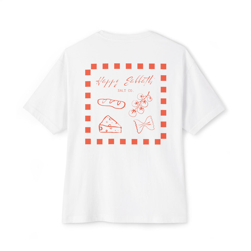 Boxy Tee — 'Happy Sabbath' Minimal Graphic Tee (Checkerboard Back Art)