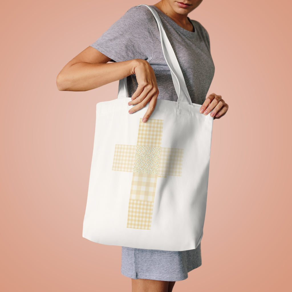 Cotton Tote Bag - Yellow Gingham Patchwork Cross Tote