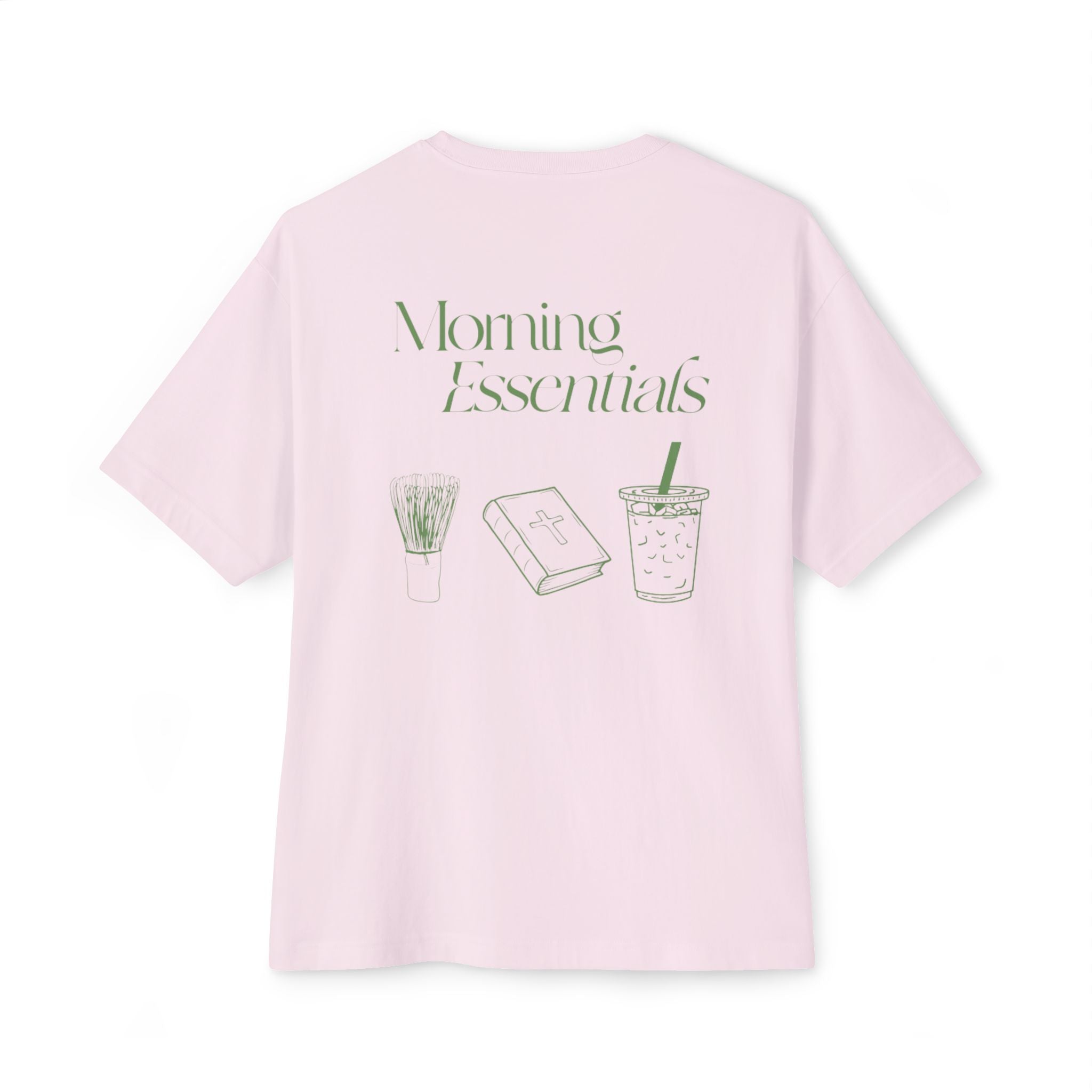 Morning Essentials Tee — Relaxed Boxy T‑Shirt with Coffee, Book & Plant Print