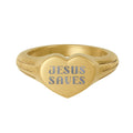 Gold Heart Signet Ring — Engraved "JESUS SAVES" Stainless Steel