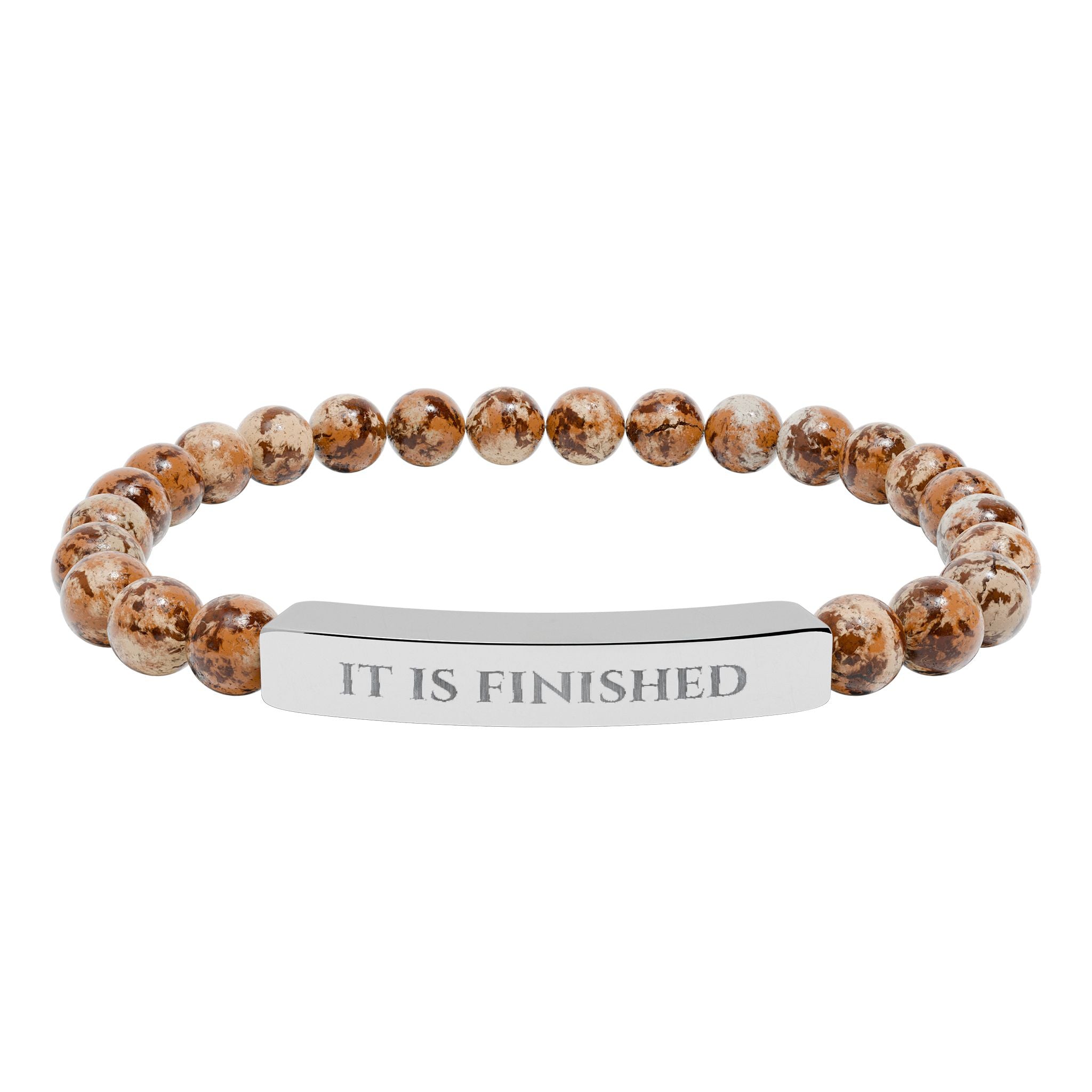 Engraved 'IT IS FINISHED' Natural Stone Stretch Bar Bracelet