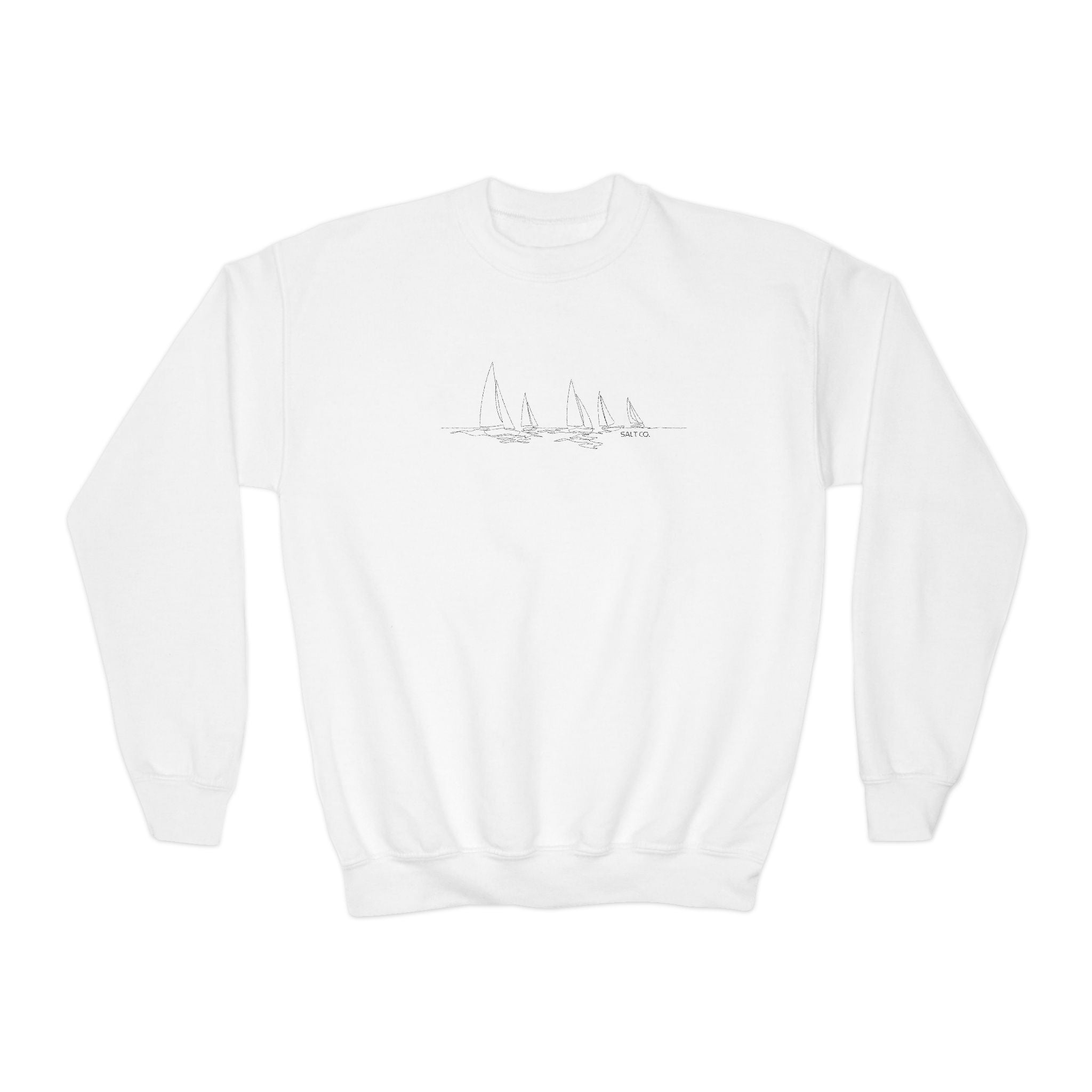 Youth Crewneck Sweatshirt — Minimal Sailboat Sketch with Inspirational Back Text