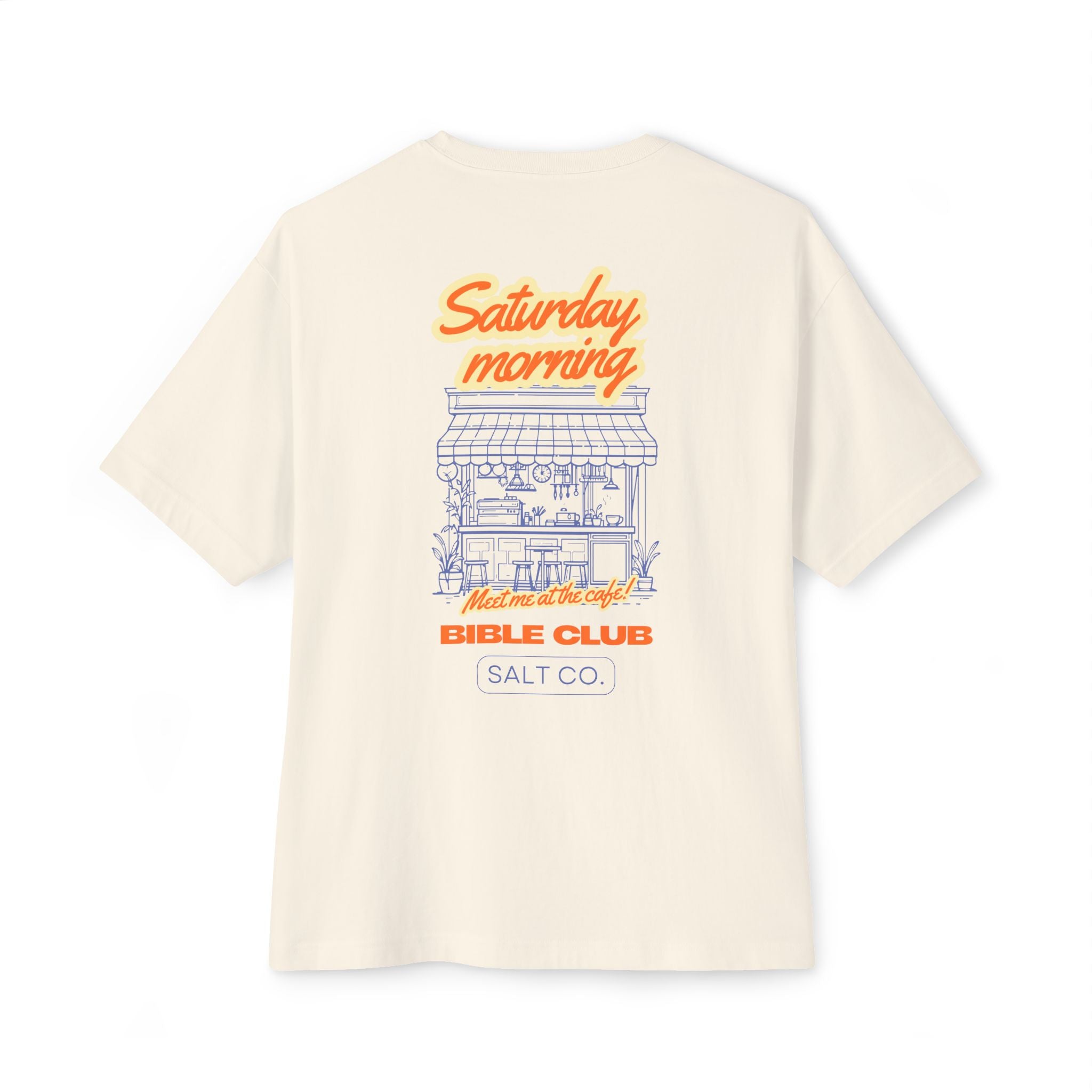 Saturday Morning Bible Club Tee — Retro Cafe Graphic Oversized T-Shirt