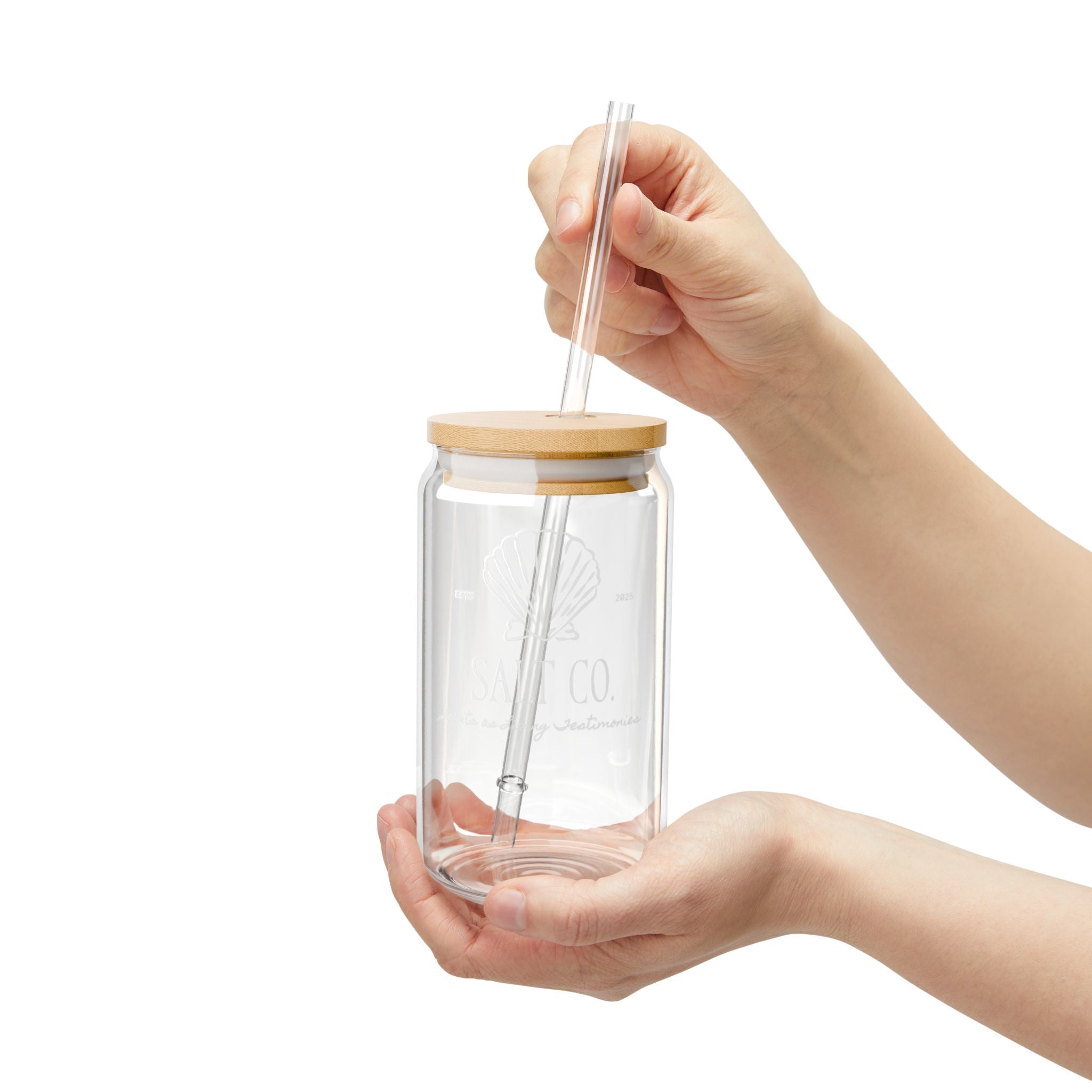 16oz Glass Sipper Cup with Bamboo Lid & Straw — Salt Co. Seashell Graphic