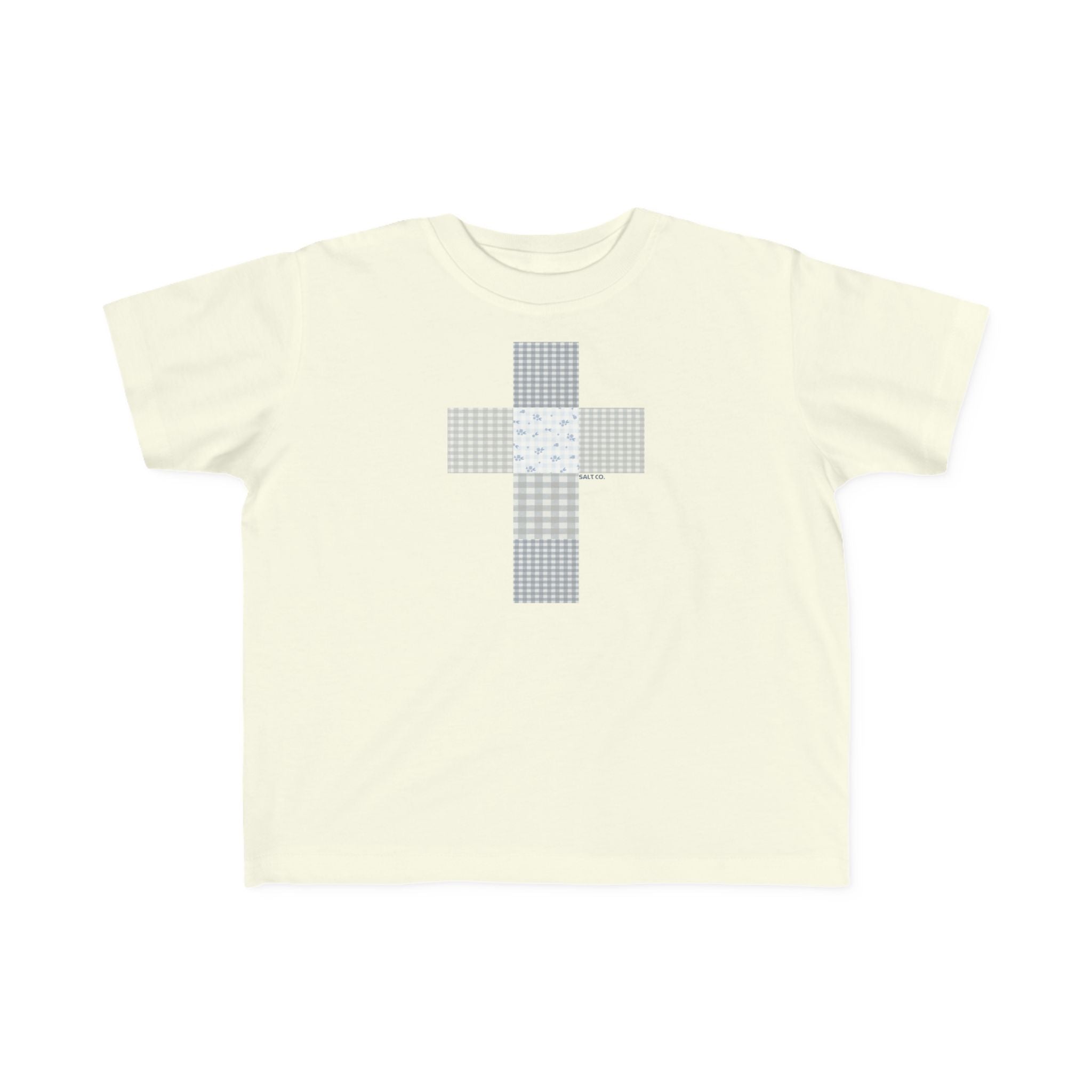 Toddler Tee — Soft Blue Patchwork Cross Graphic