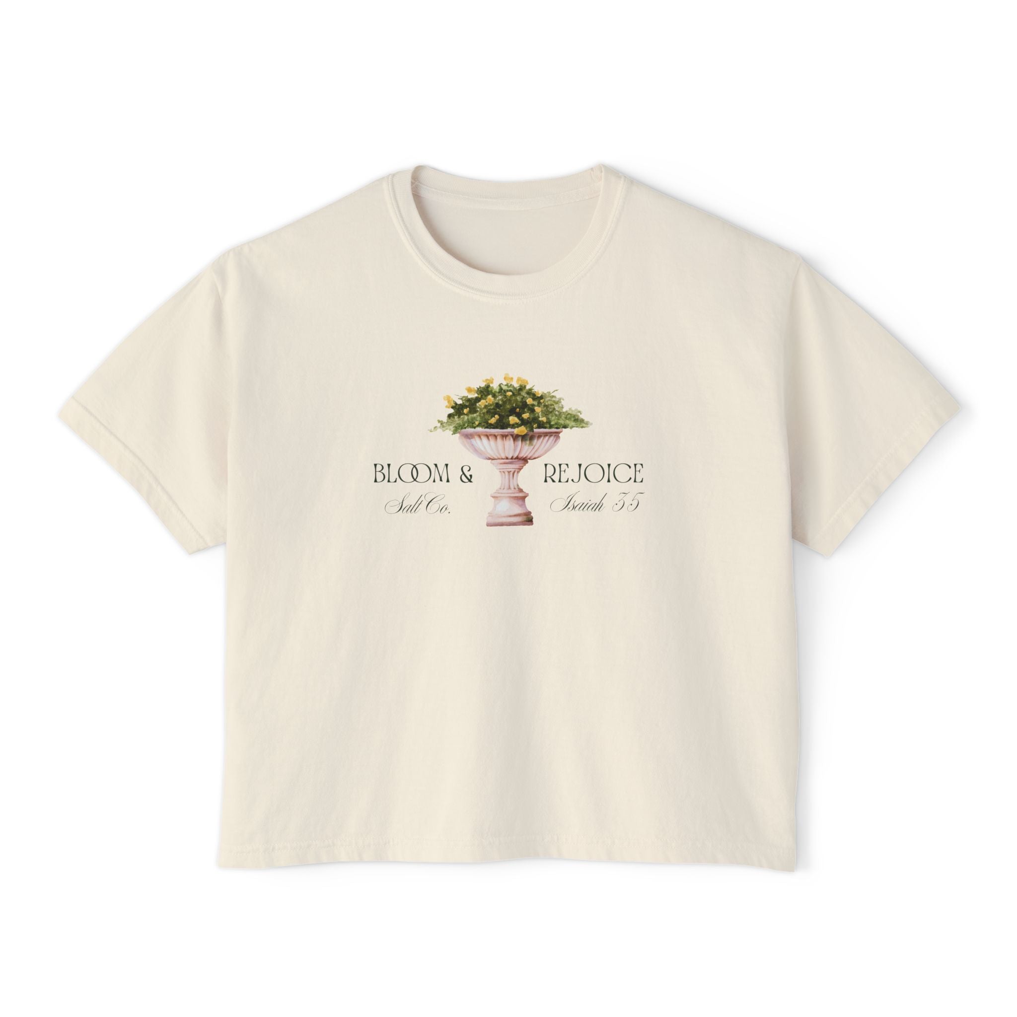 Bloom & Rejoice Women's Boxy Tee — Floral Urn Graphic with Inspirational Scripture Back