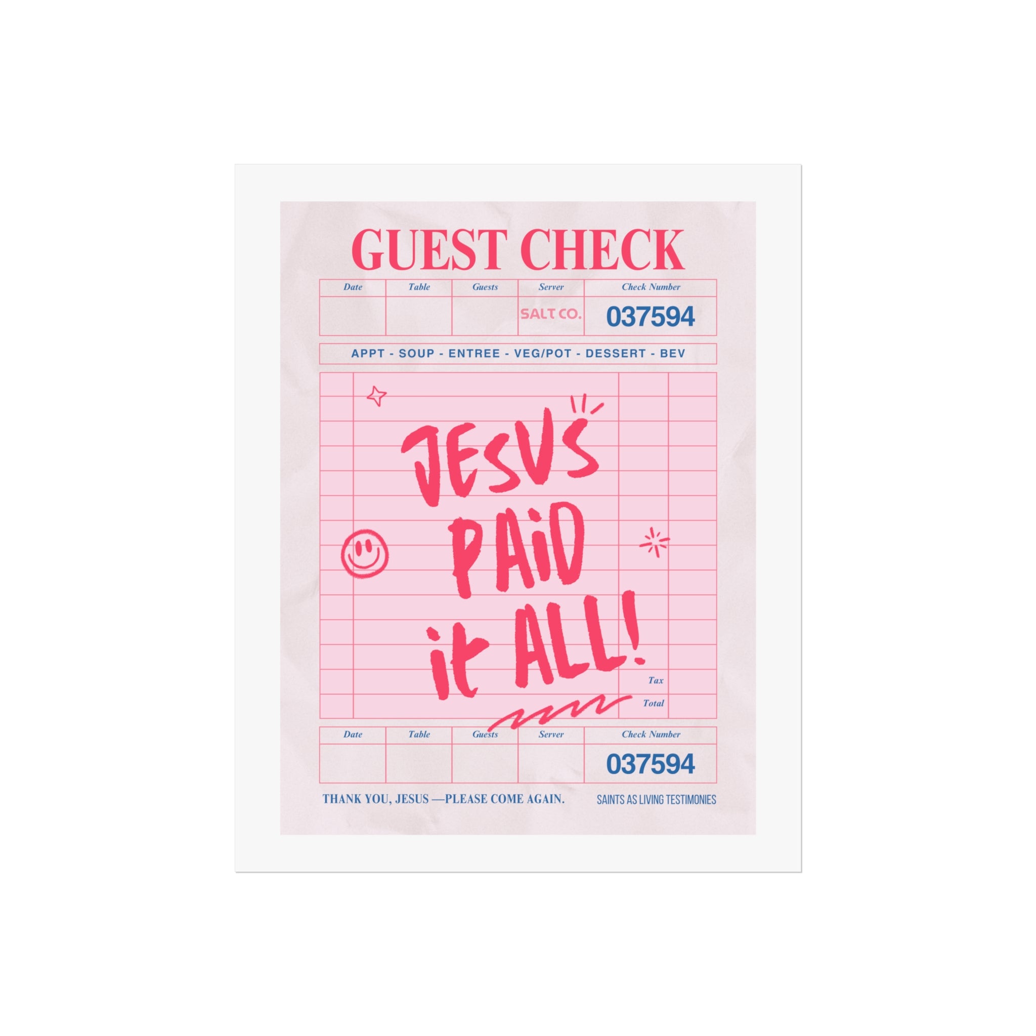 Fine Art Poster — "Jesus Paid It All" Pink Guest Check Wall Art