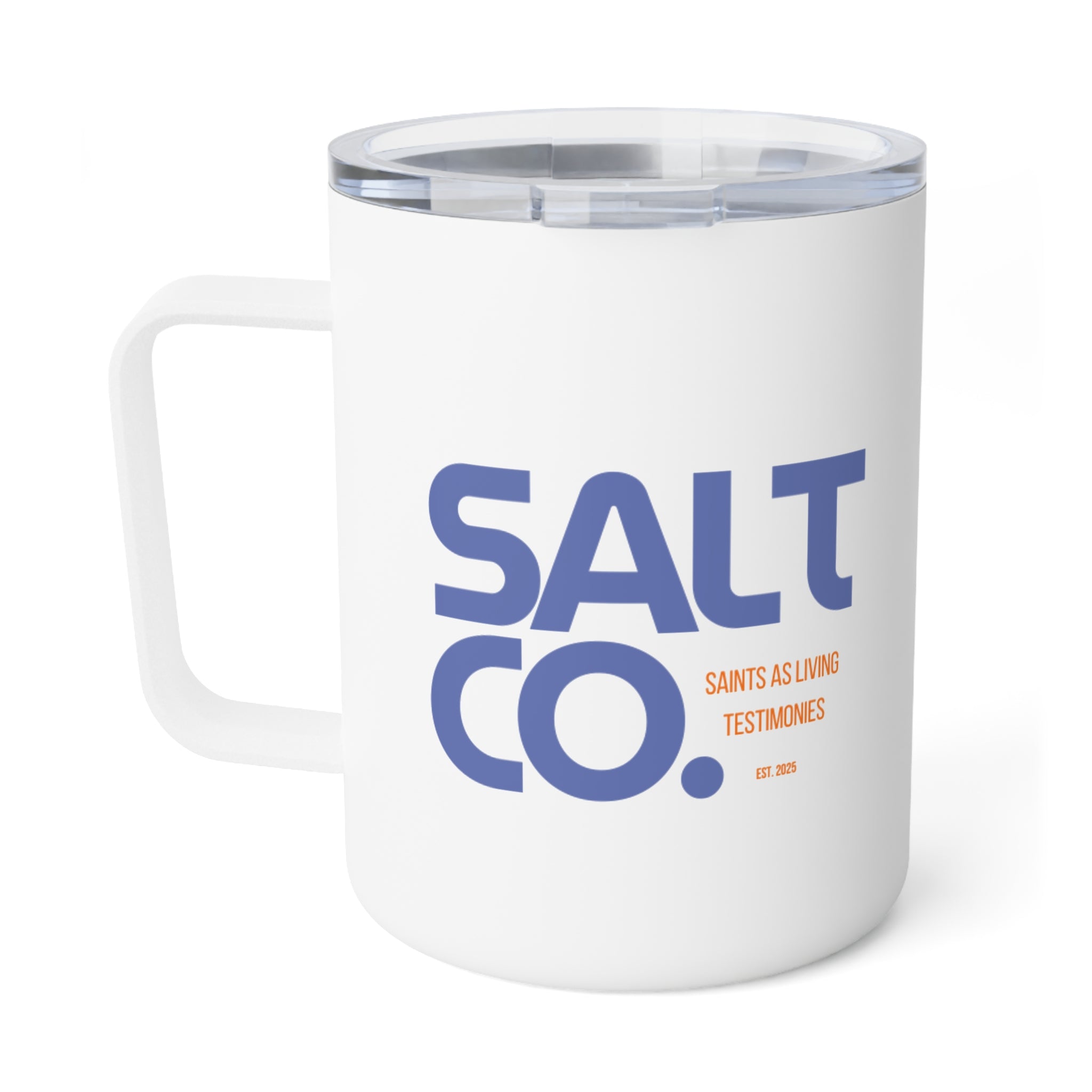 10oz Insulated Coffee Mug — Bold Blue Text Travel Tumbler