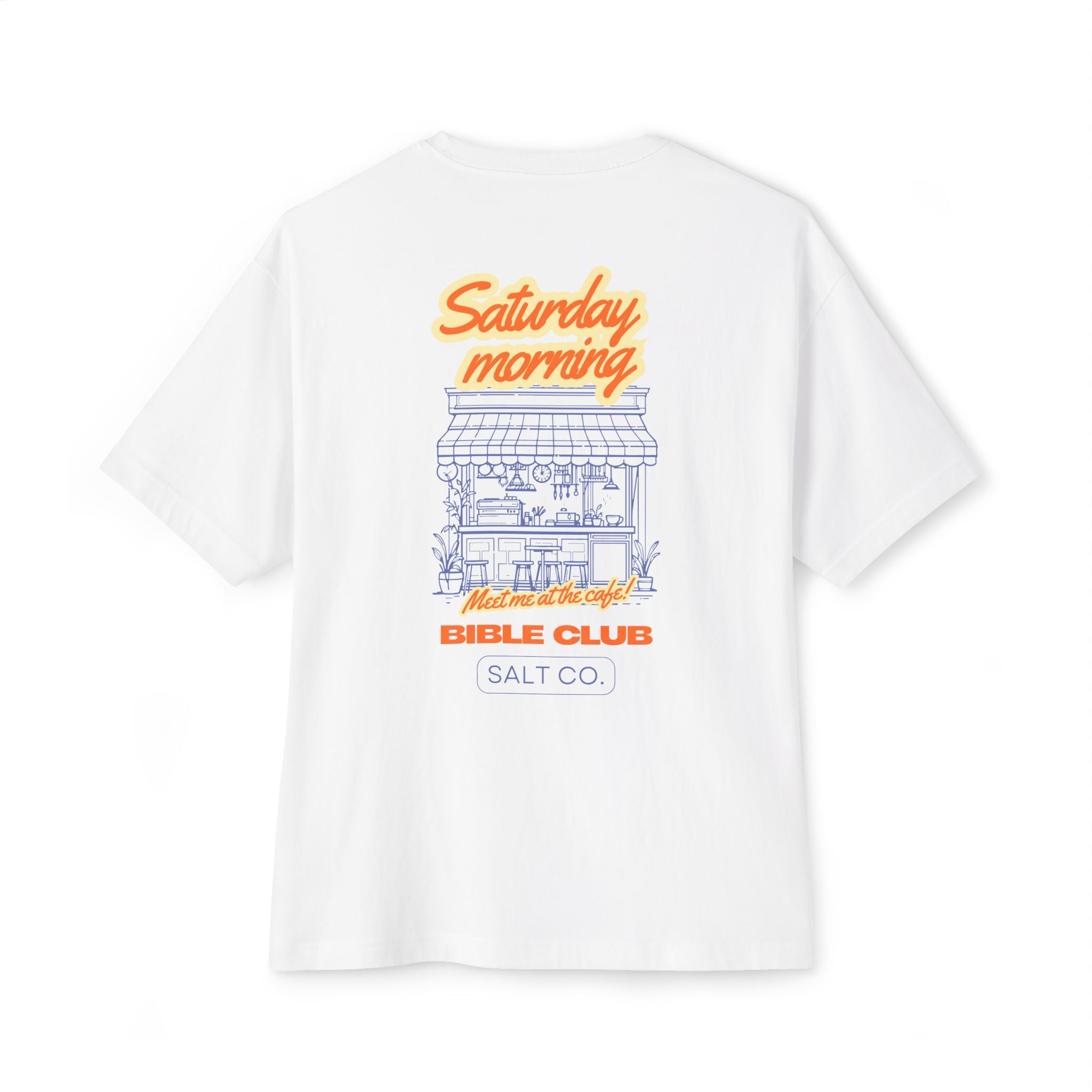 Saturday Morning Bible Club Tee — Retro Cafe Graphic Oversized T-Shirt