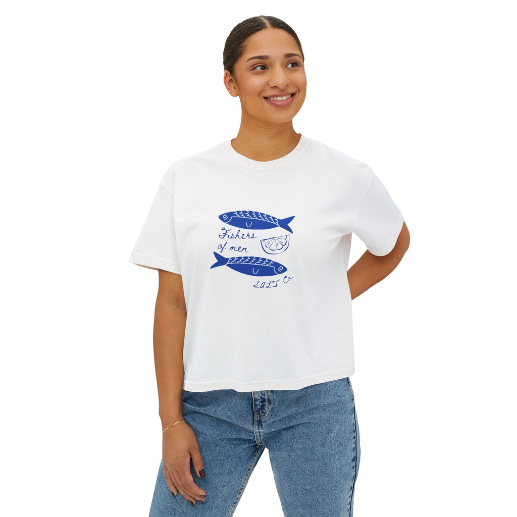 Women’s Boxy Tee — Blue Sardine Illustration “Fishes 4 Men” Casual Summer Top