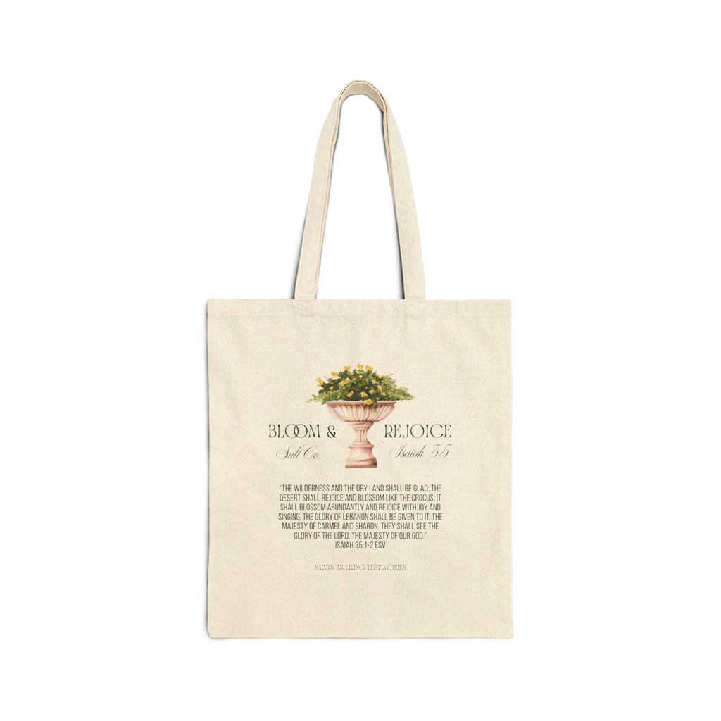 Bloom & Rejoice Canvas Tote Bag — Floral Scripture Quote Market Bag