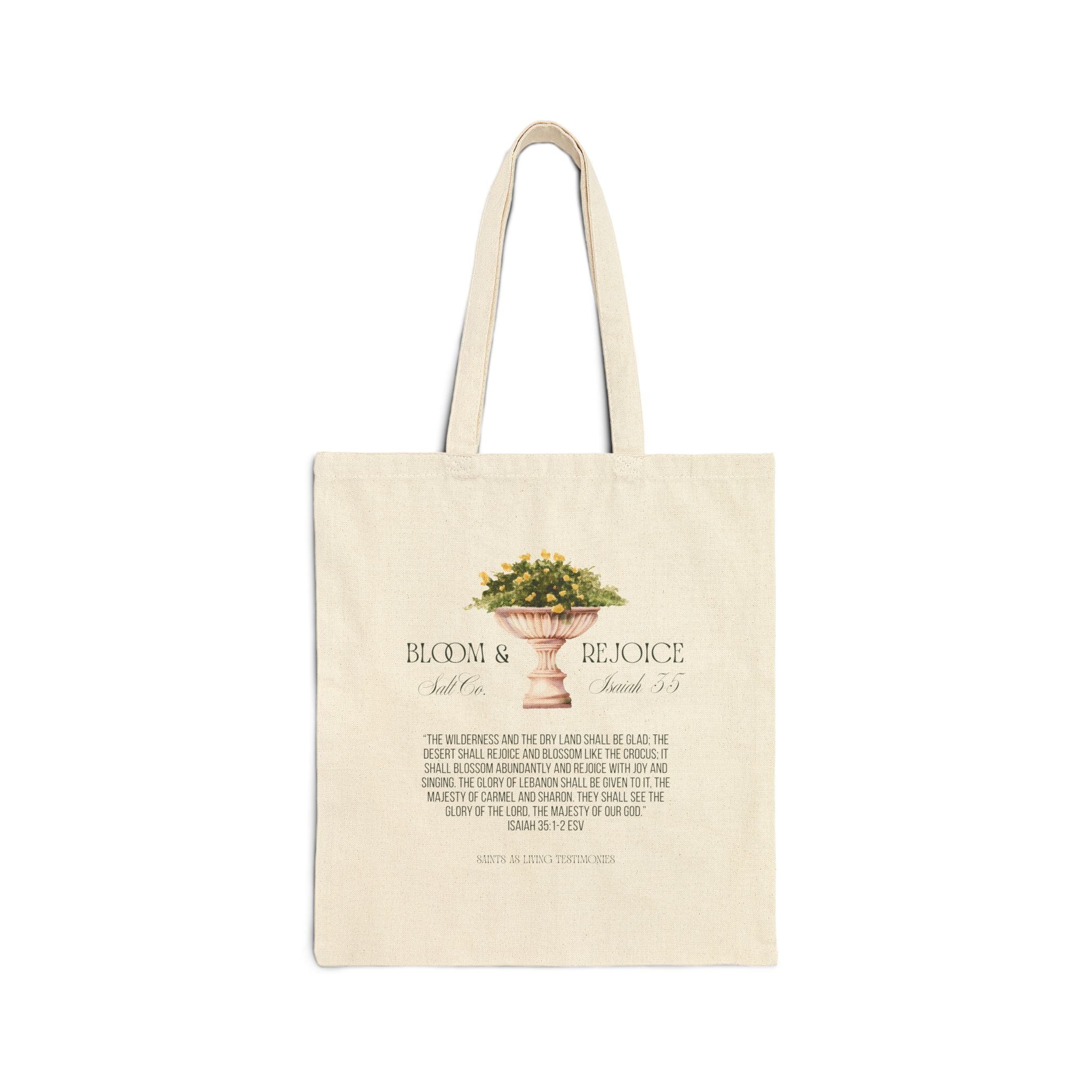 Bloom & Rejoice Canvas Tote Bag — Floral Scripture Quote Market Bag