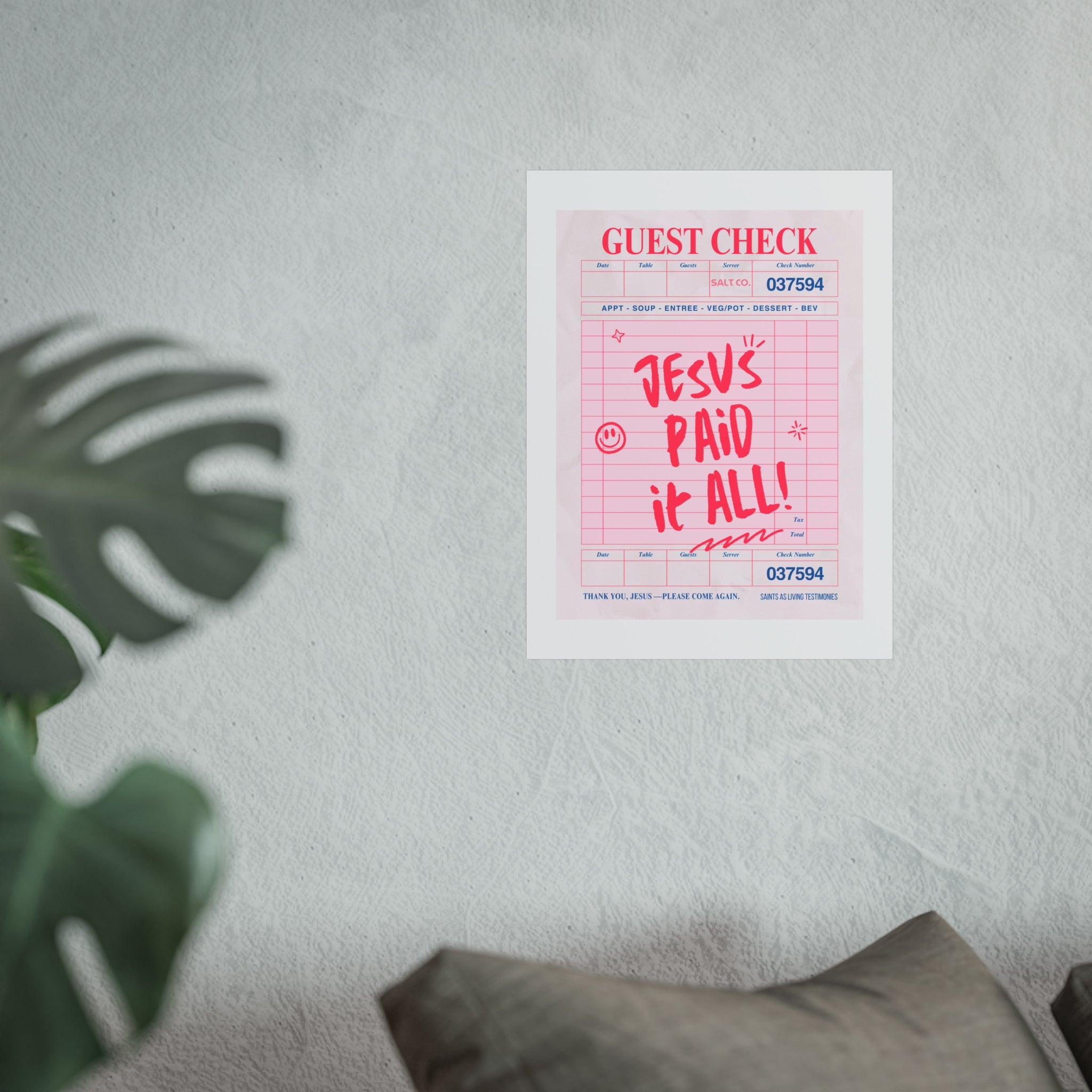 Fine Art Poster — "Jesus Paid It All" Pink Guest Check Wall Art