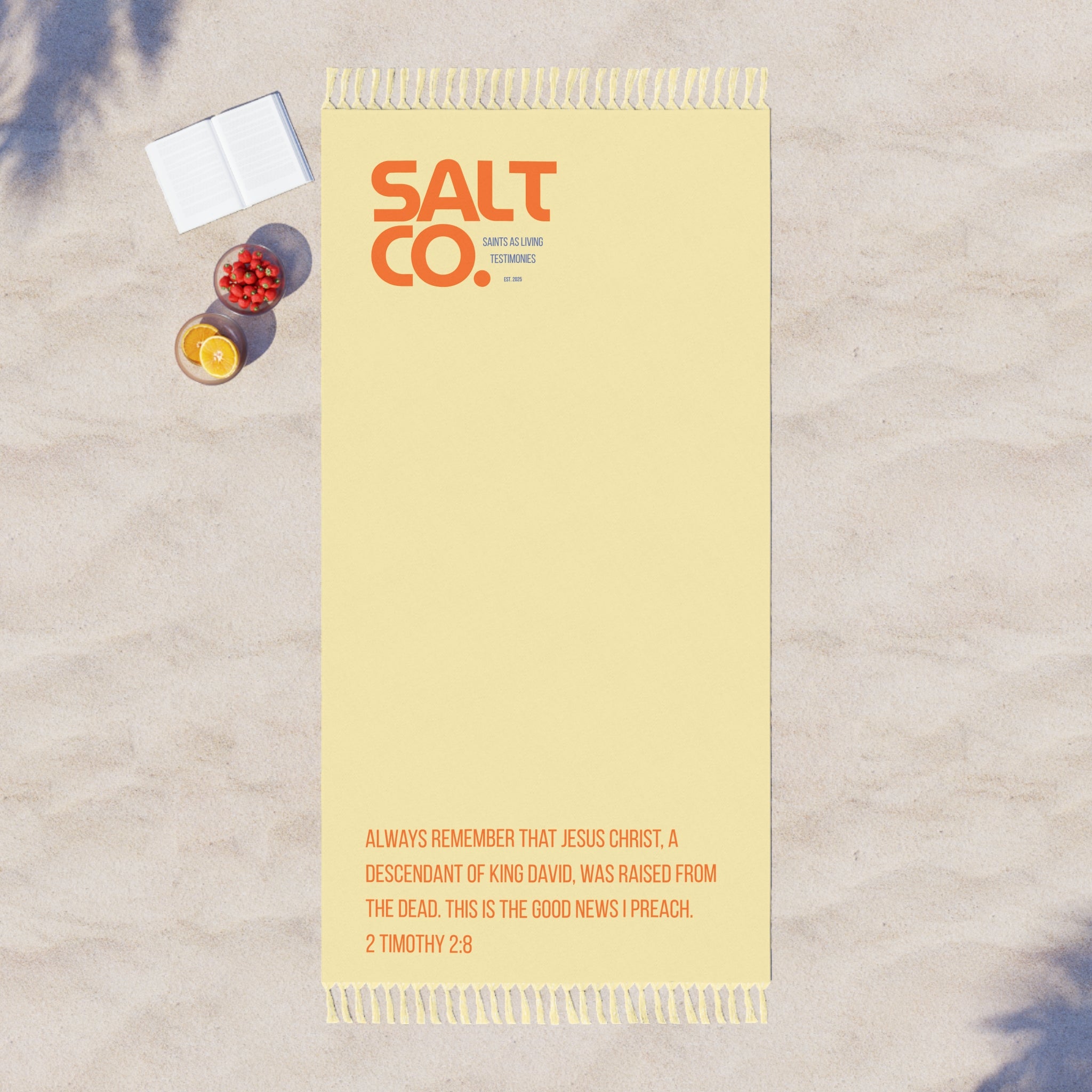 Boho Beach Towel — "Salt Co." Retro Coastal Cotton Beach Cloth with Fringe & Scripture Verse