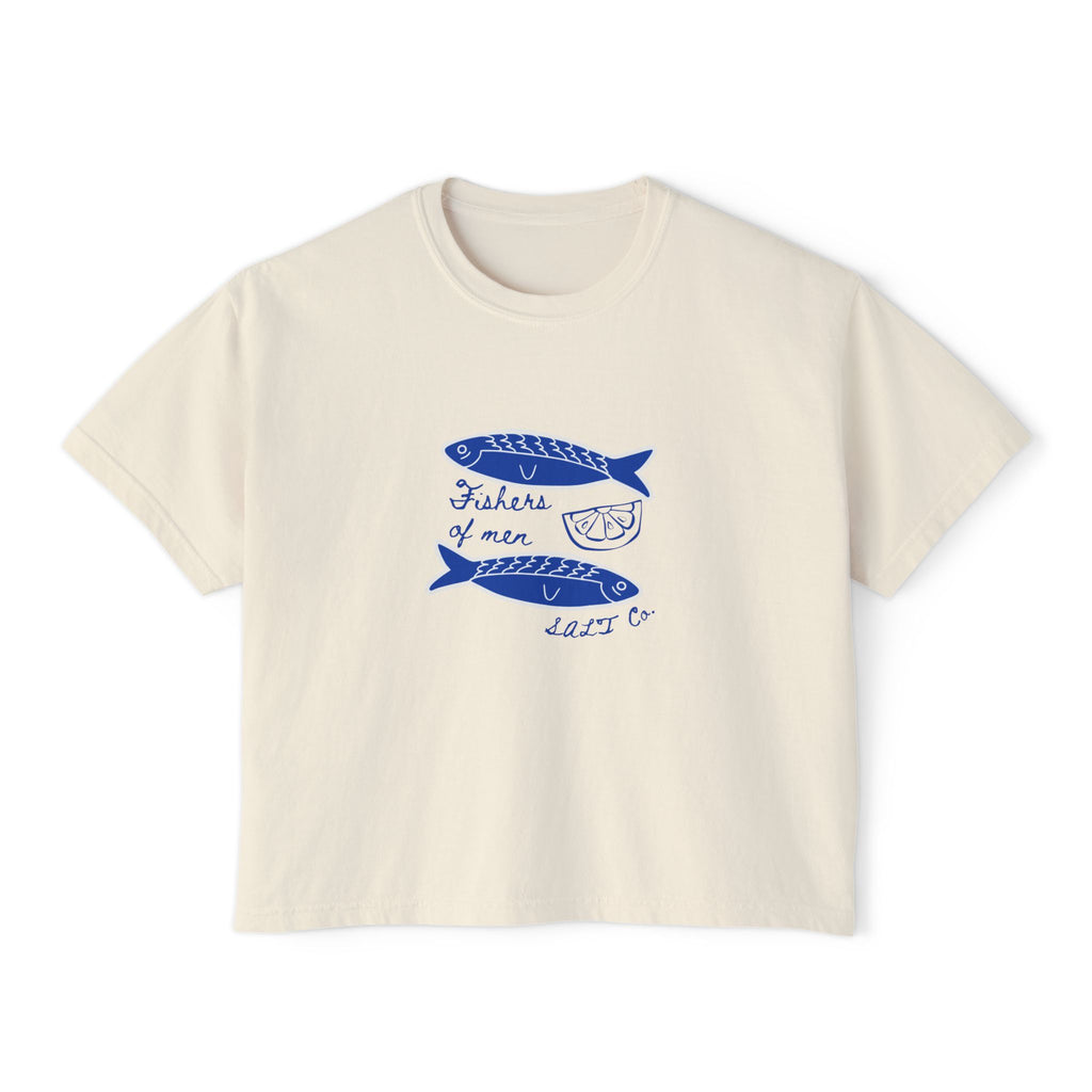 Women’s Boxy Tee — Blue Sardine Illustration “Fishes 4 Men” Casual Summer Top