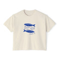 Women’s Boxy Tee — Blue Sardine Illustration “Fishes 4 Men” Casual Summer Top