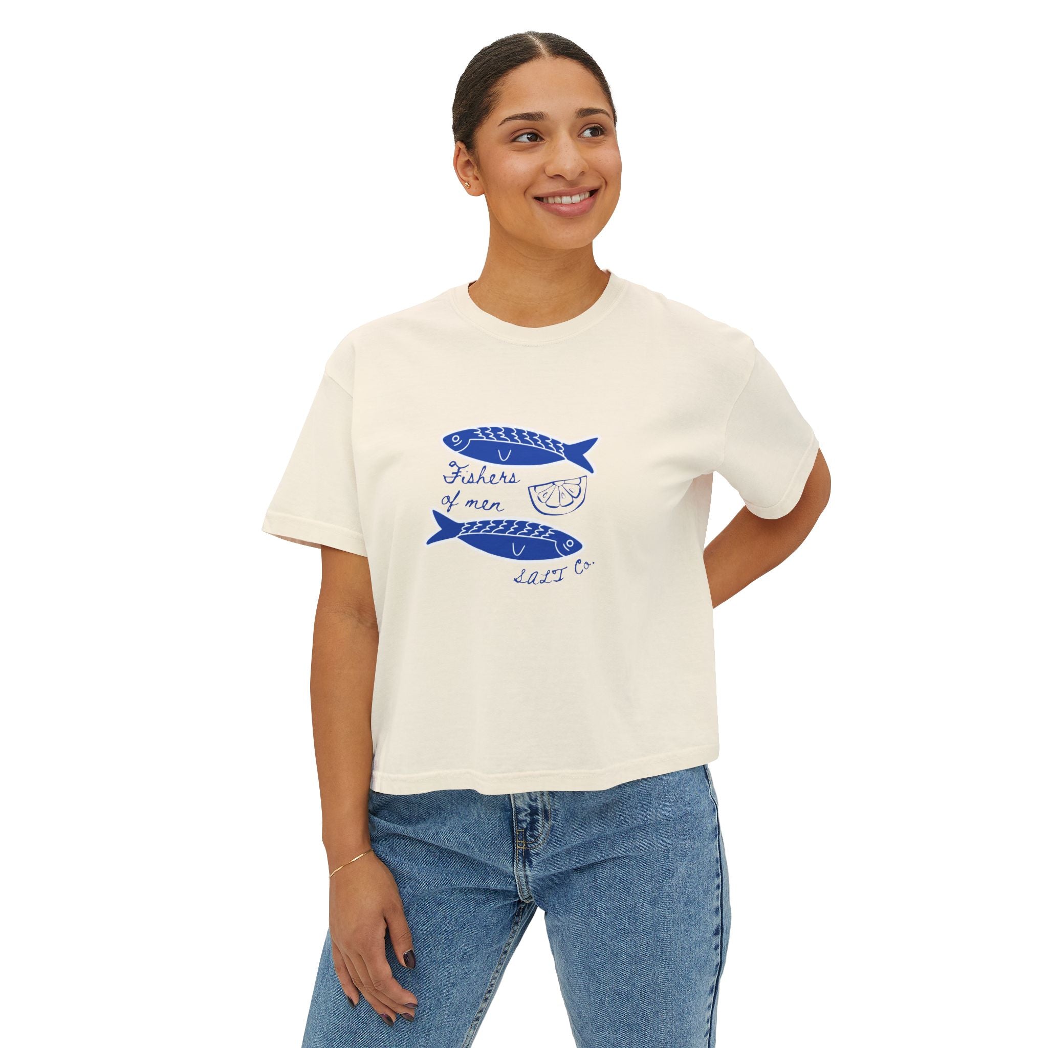 Women’s Boxy Tee — Blue Sardine Illustration “Fishes 4 Men” Casual Summer Top