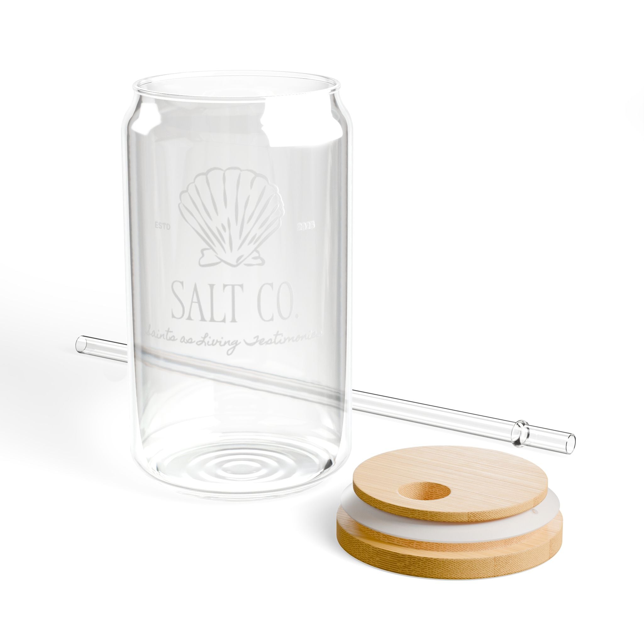 16oz Glass Sipper Cup with Bamboo Lid & Straw — Salt Co. Seashell Graphic