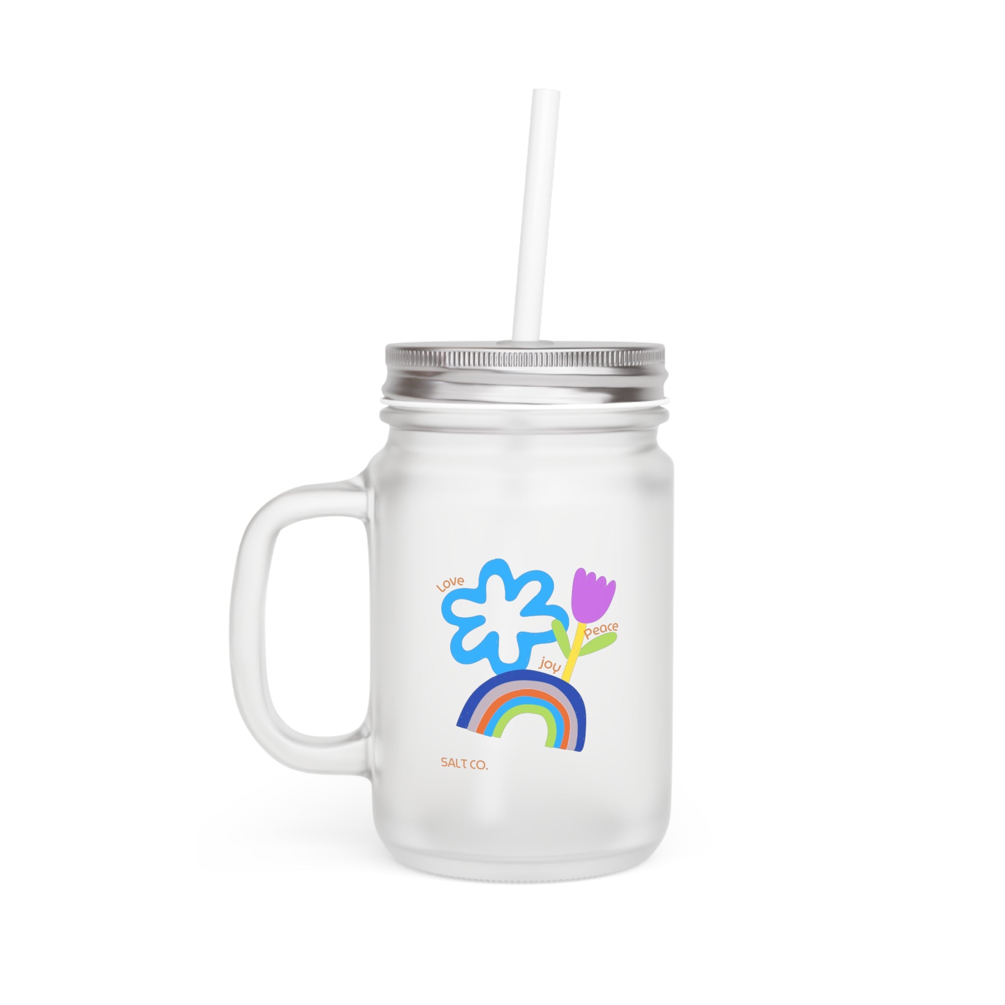 Mason Jar Tumbler with Handle — Frosted Rainbow & Flower Mason Jar Cup with Straw