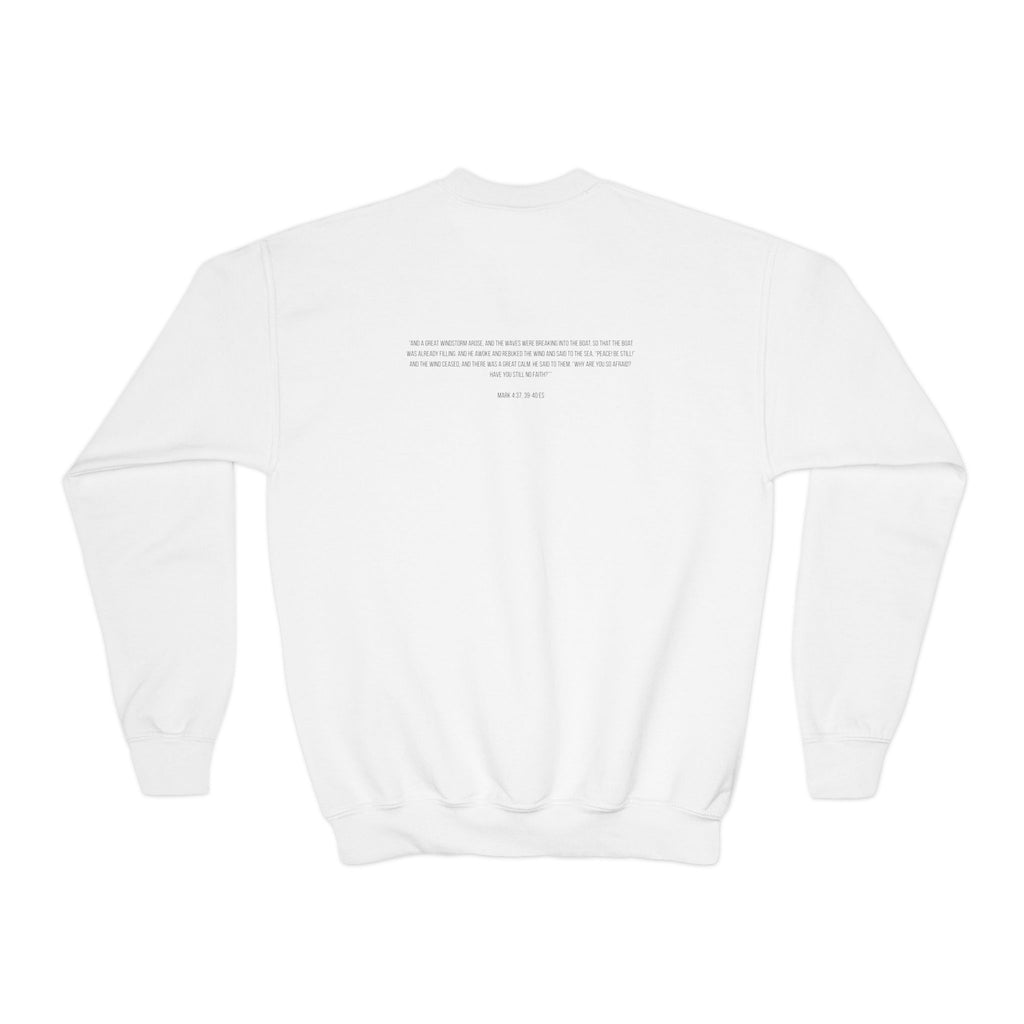 Youth Crewneck Sweatshirt — Minimal Sailboat Sketch with Inspirational Back Text