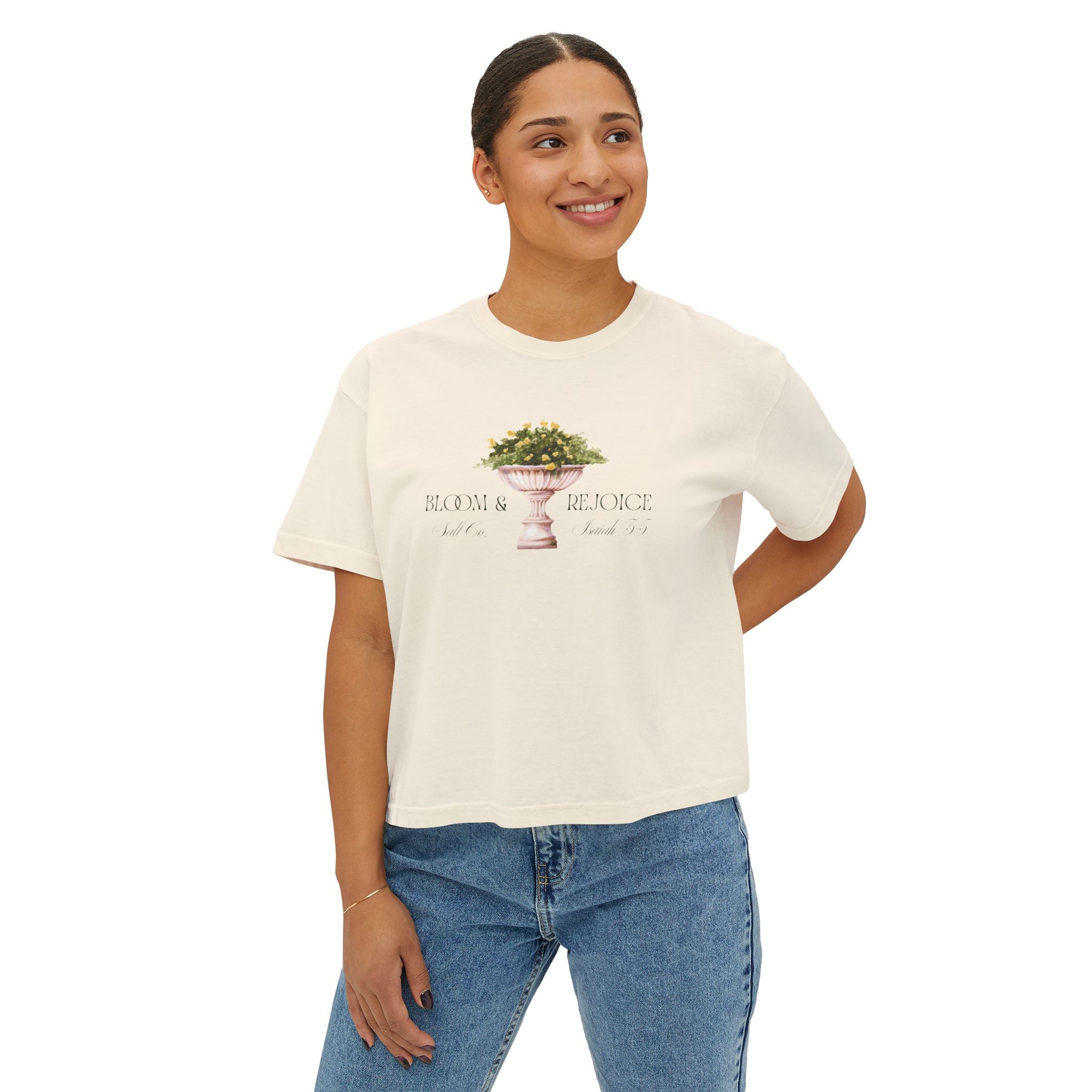 Bloom & Rejoice Women's Boxy Tee — Floral Urn Graphic with Inspirational Scripture Back