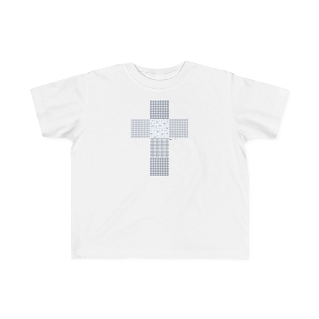 Toddler Tee — Soft Blue Patchwork Cross Graphic