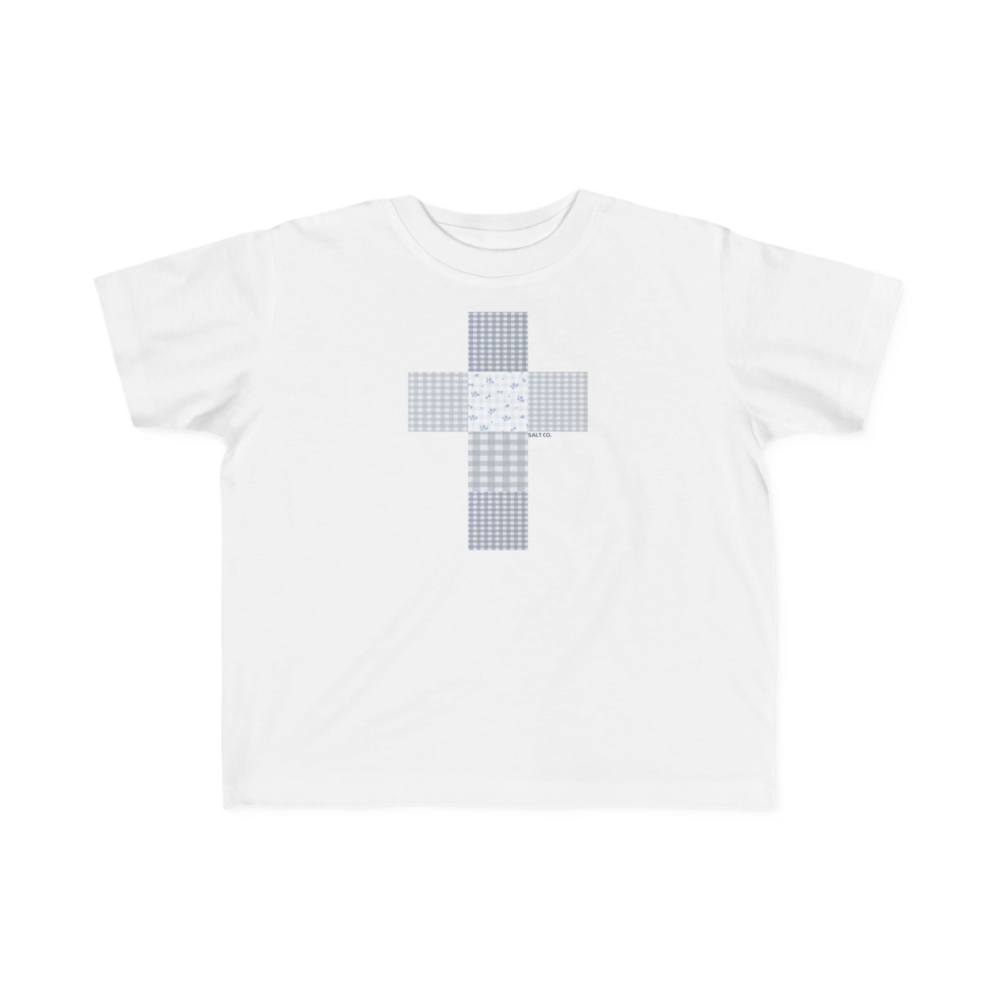 Toddler Tee — Soft Blue Patchwork Cross Graphic