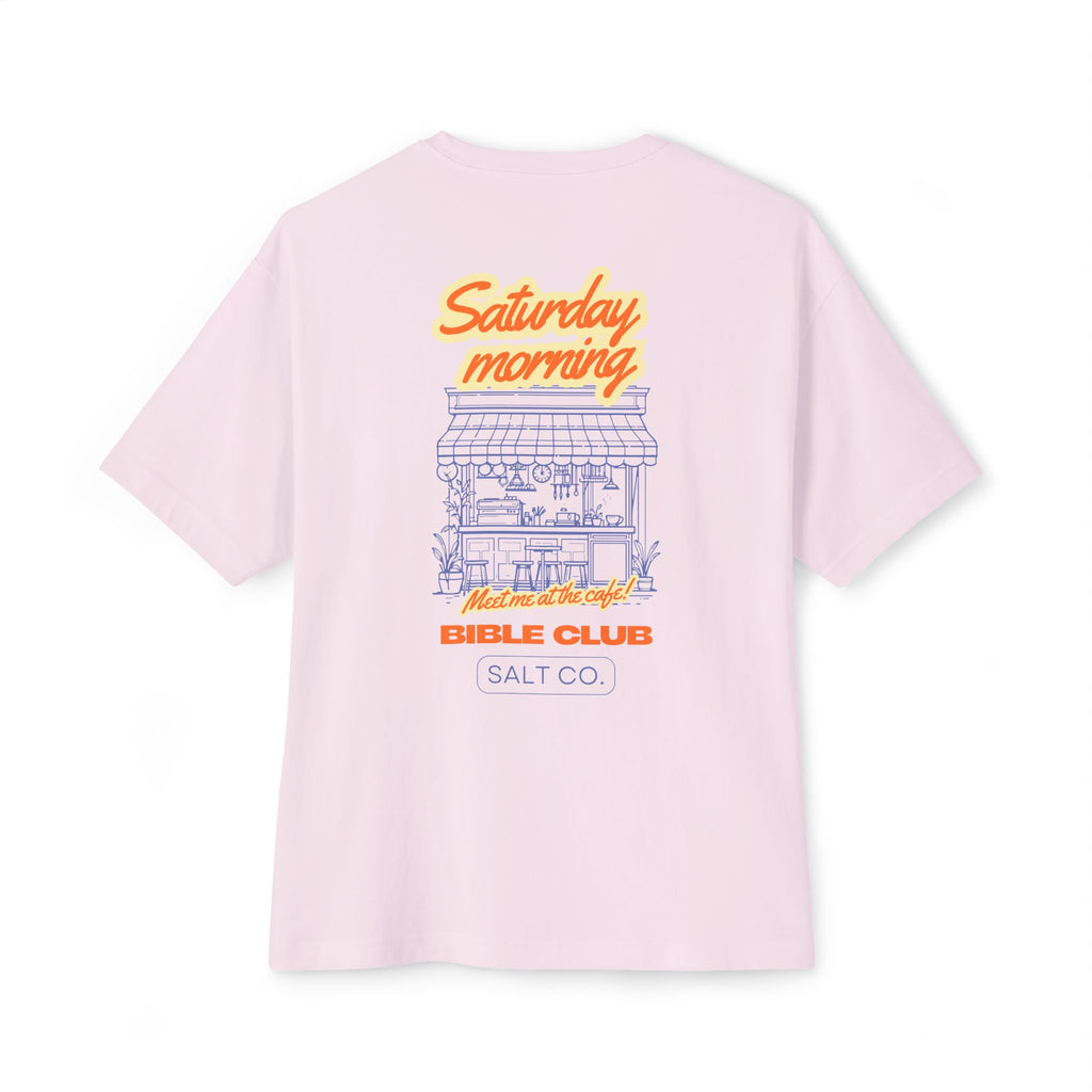 Saturday Morning Bible Club Tee — Retro Cafe Graphic Oversized T-Shirt