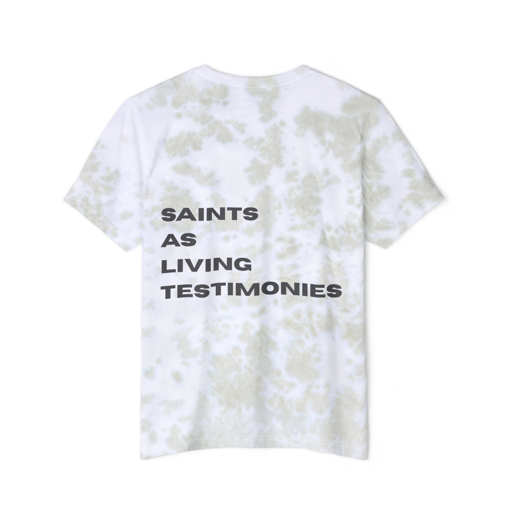 Tie-Dye T-Shirt — SALT CO. Front, "SAINTS AS LIVING TESTIMONIES" Back