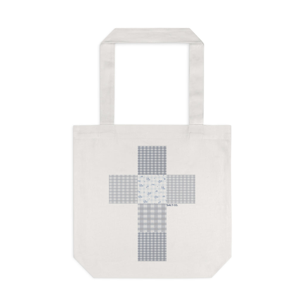 Patchwork Cross Cotton Tote Bag — Floral & Gingham Reusable Grocery Tote