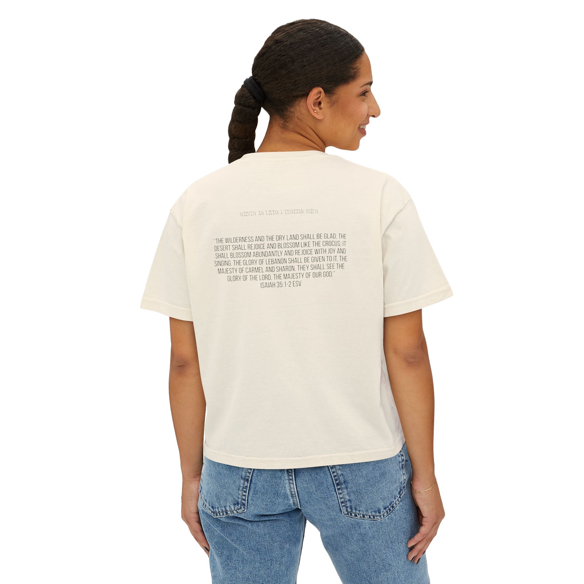 Bloom & Rejoice Women's Boxy Tee — Floral Urn Graphic with Inspirational Scripture Back