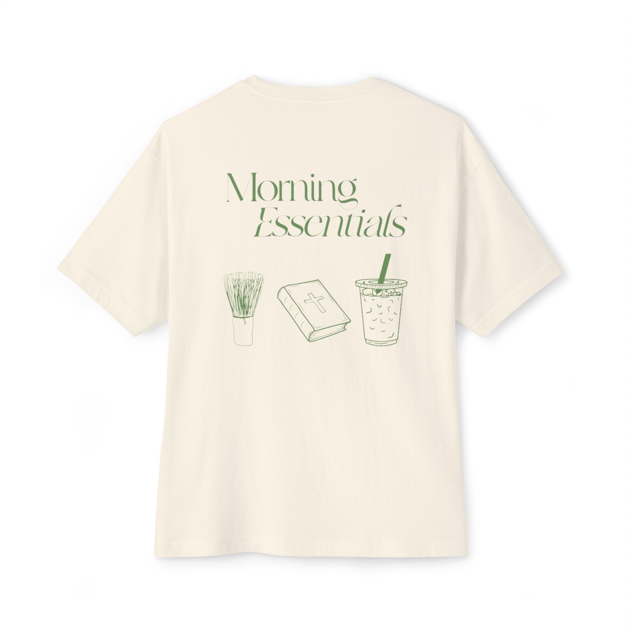 Morning Essentials Tee — Relaxed Boxy T‑Shirt with Coffee, Book & Plant Print