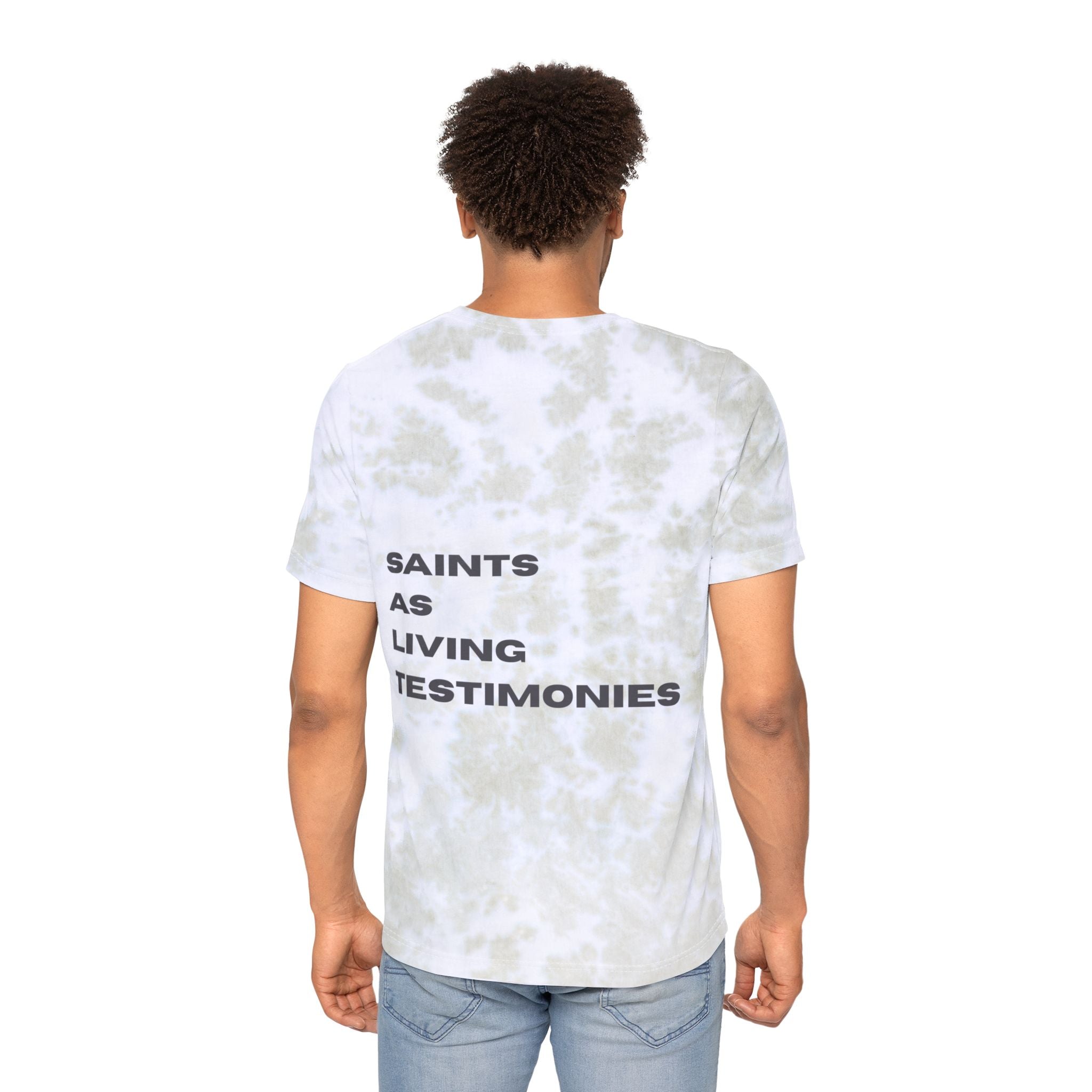 Tie-Dye T-Shirt — SALT CO. Front, "SAINTS AS LIVING TESTIMONIES" Back
