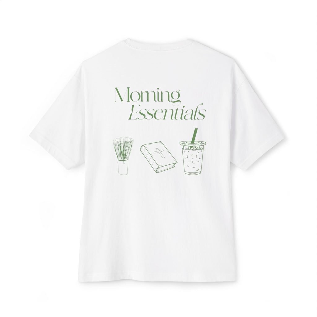 Morning Essentials Tee — Relaxed Boxy T‑Shirt with Coffee, Book & Plant Print