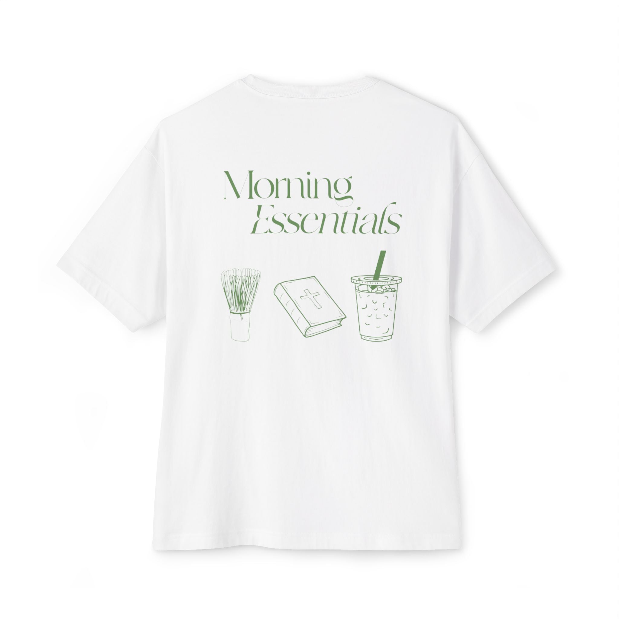 Morning Essentials Tee — Relaxed Boxy T‑Shirt with Coffee, Book & Plant Print