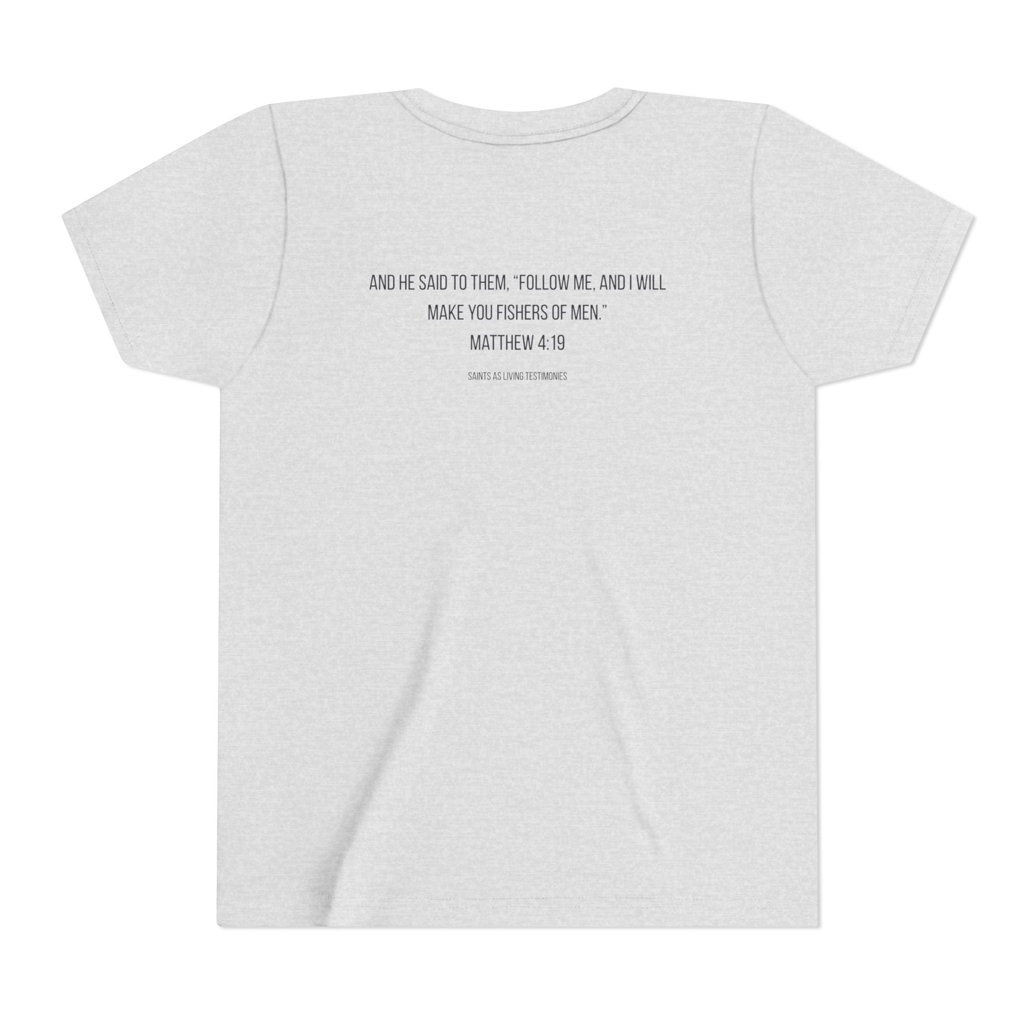 Youth T‑Shirt — Bass Fish Graphic with Matthew 4:19 Bible Verse Back