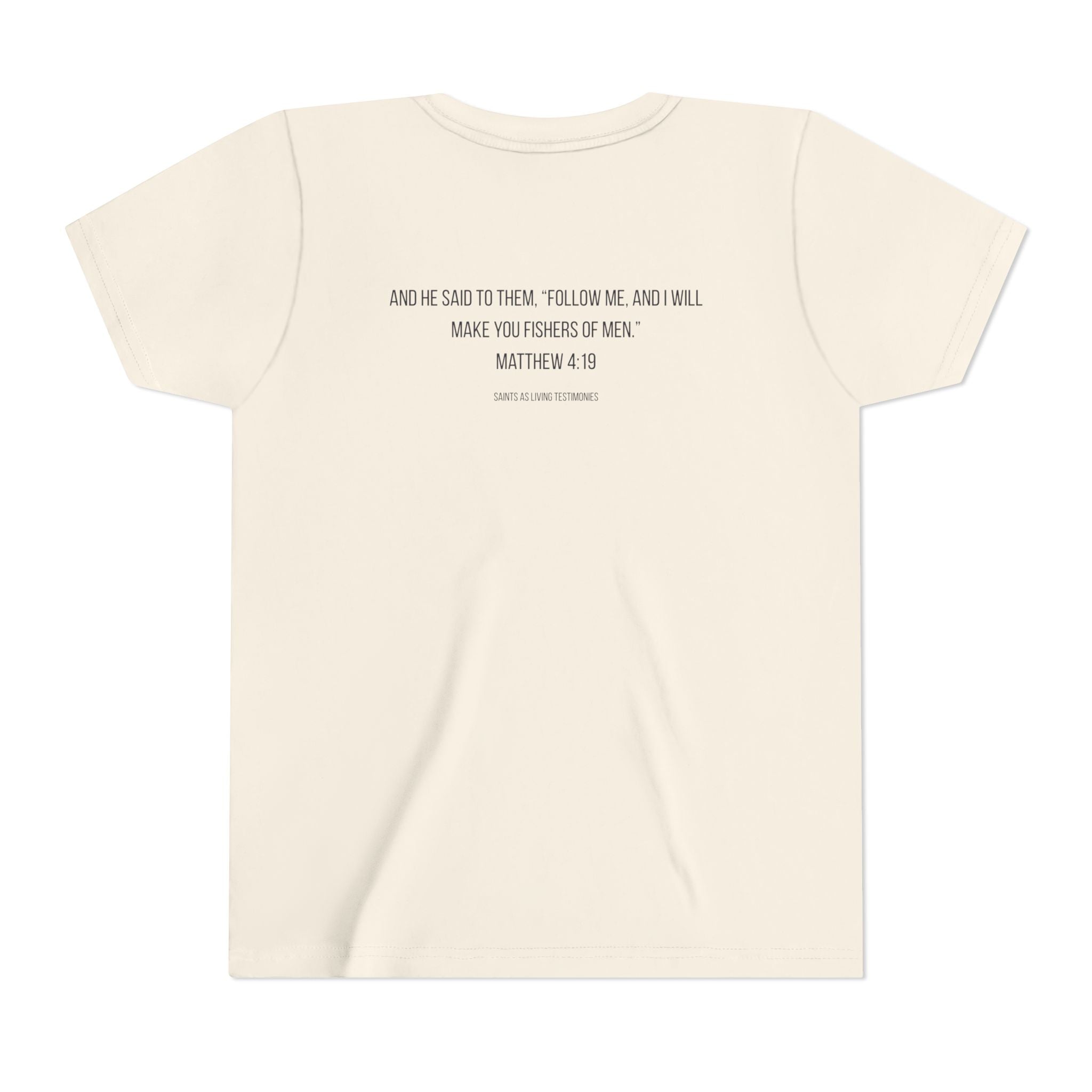 Youth T‑Shirt — Bass Fish Graphic with Matthew 4:19 Bible Verse Back