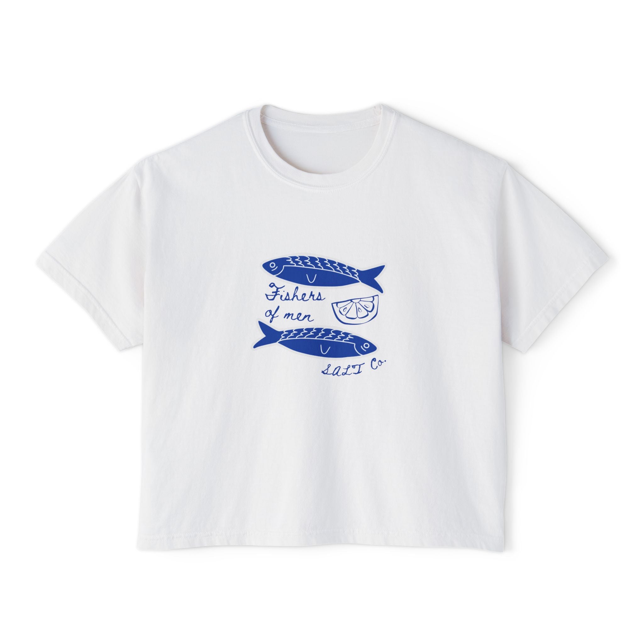 Women’s Boxy Tee — Blue Sardine Illustration “Fishes 4 Men” Casual Summer Top