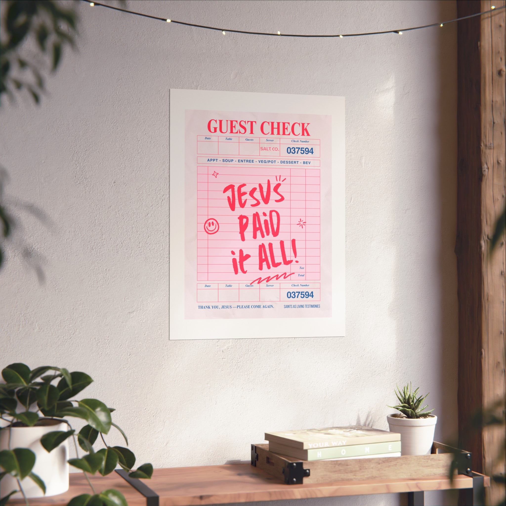 Fine Art Poster — "Jesus Paid It All" Pink Guest Check Wall Art
