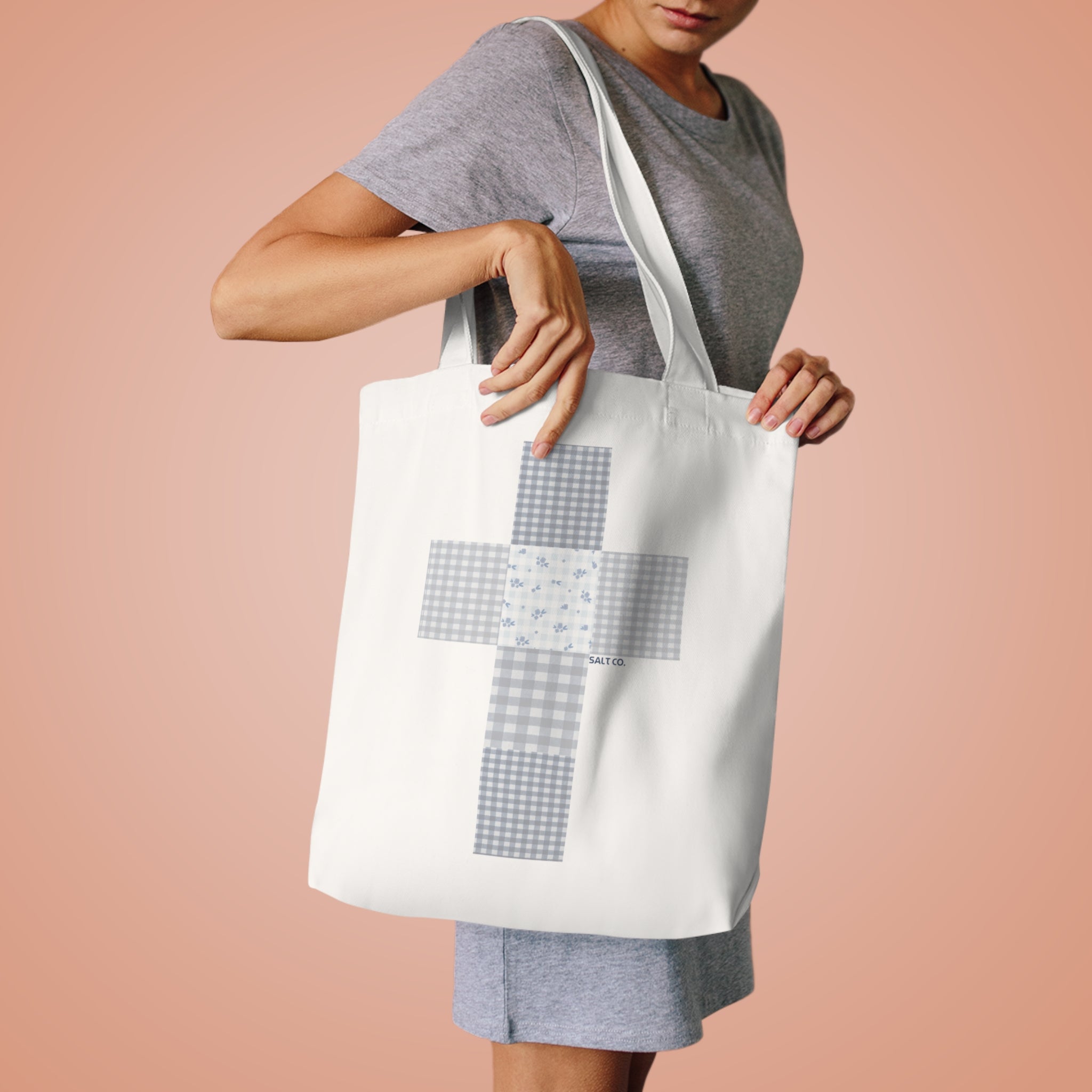 Patchwork Cross Cotton Tote Bag — Floral & Gingham Reusable Grocery Tote